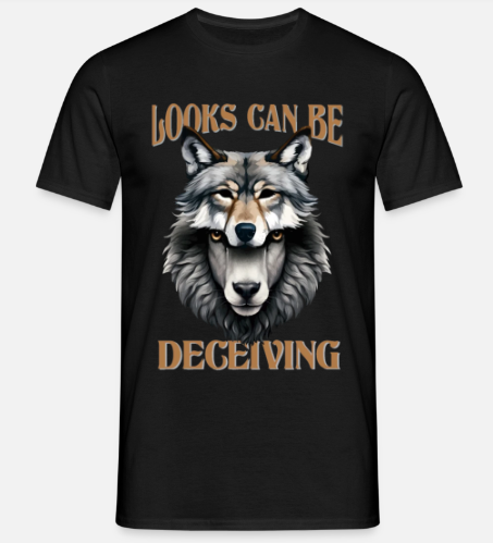 LOOKS CAN BE DECEIVING Unique Black T-Shirt mit Schaf im Wolfspelz Grafik.