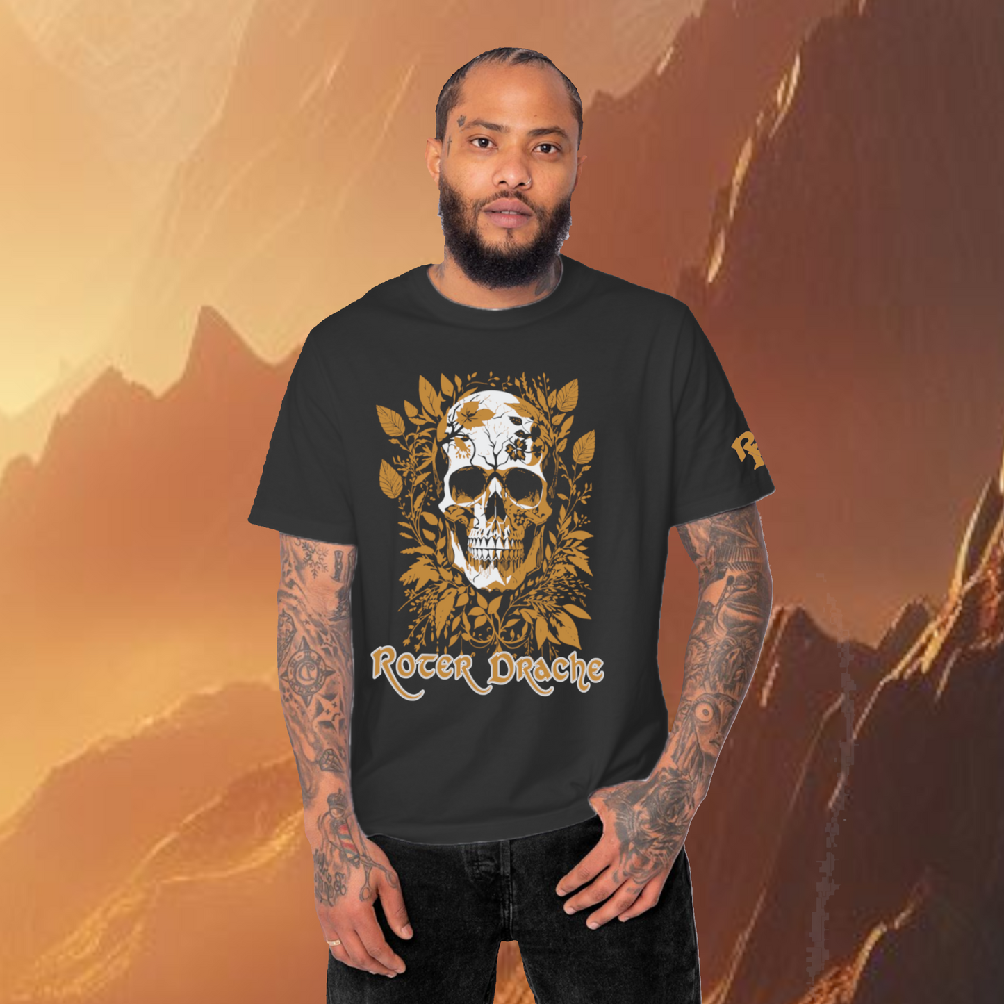 Golden Leaves and Skull Black T-Shirt