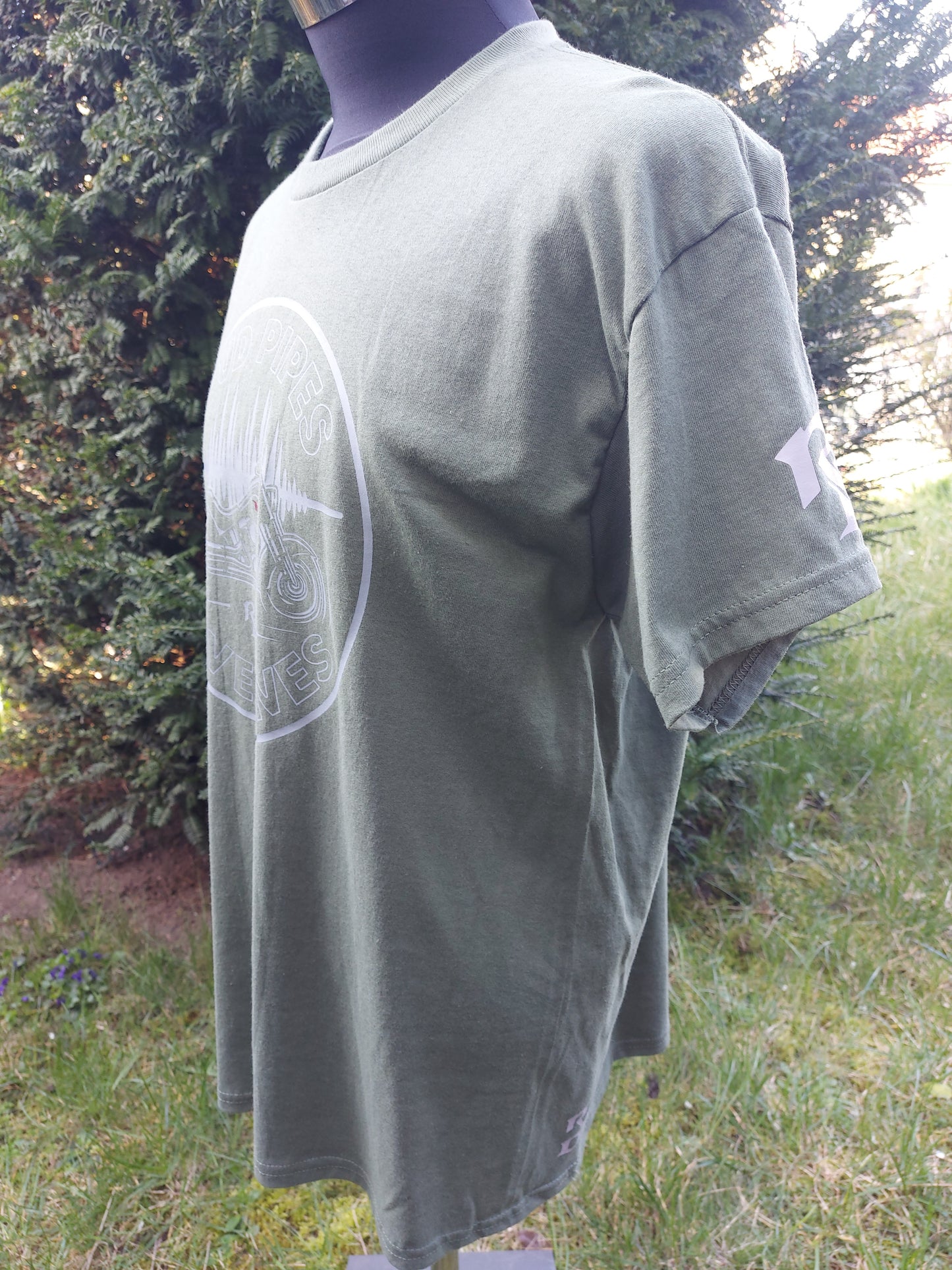 Loud Pipes Save Lives Military Green Biker T-Shirt - Front