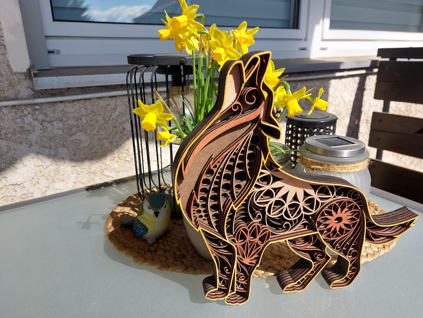 Mandala-Howlin Wolf Wandkunst aus Holz Brown – 6-lagige, lasergeschnittene Dekoration