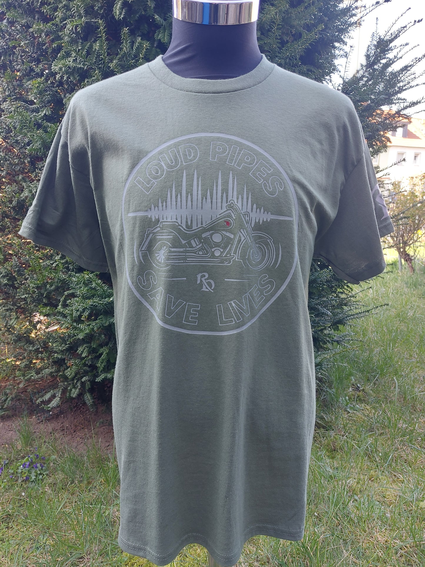 Loud Pipes Save Lives Military Green Biker T-Shirt - Front