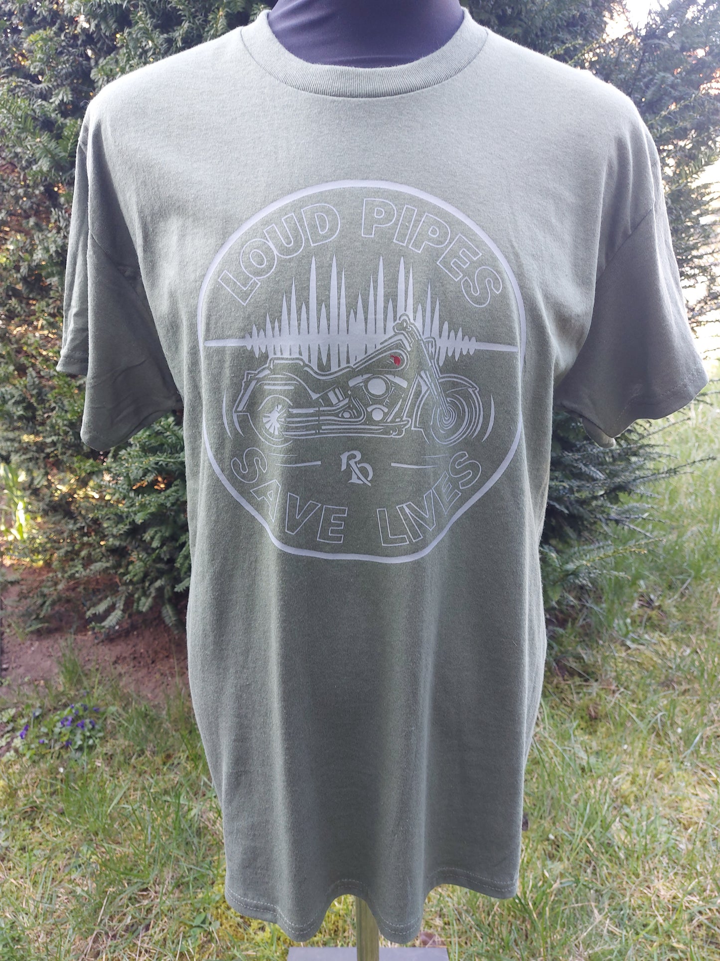 Loud Pipes Save Lives Military Green Biker T-Shirt - Front