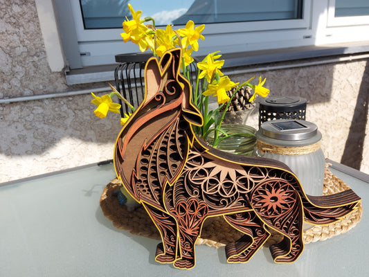 Mandala-Howlin Wolf Wandkunst aus Holz Brown – 6-lagige, lasergeschnittene Dekoration